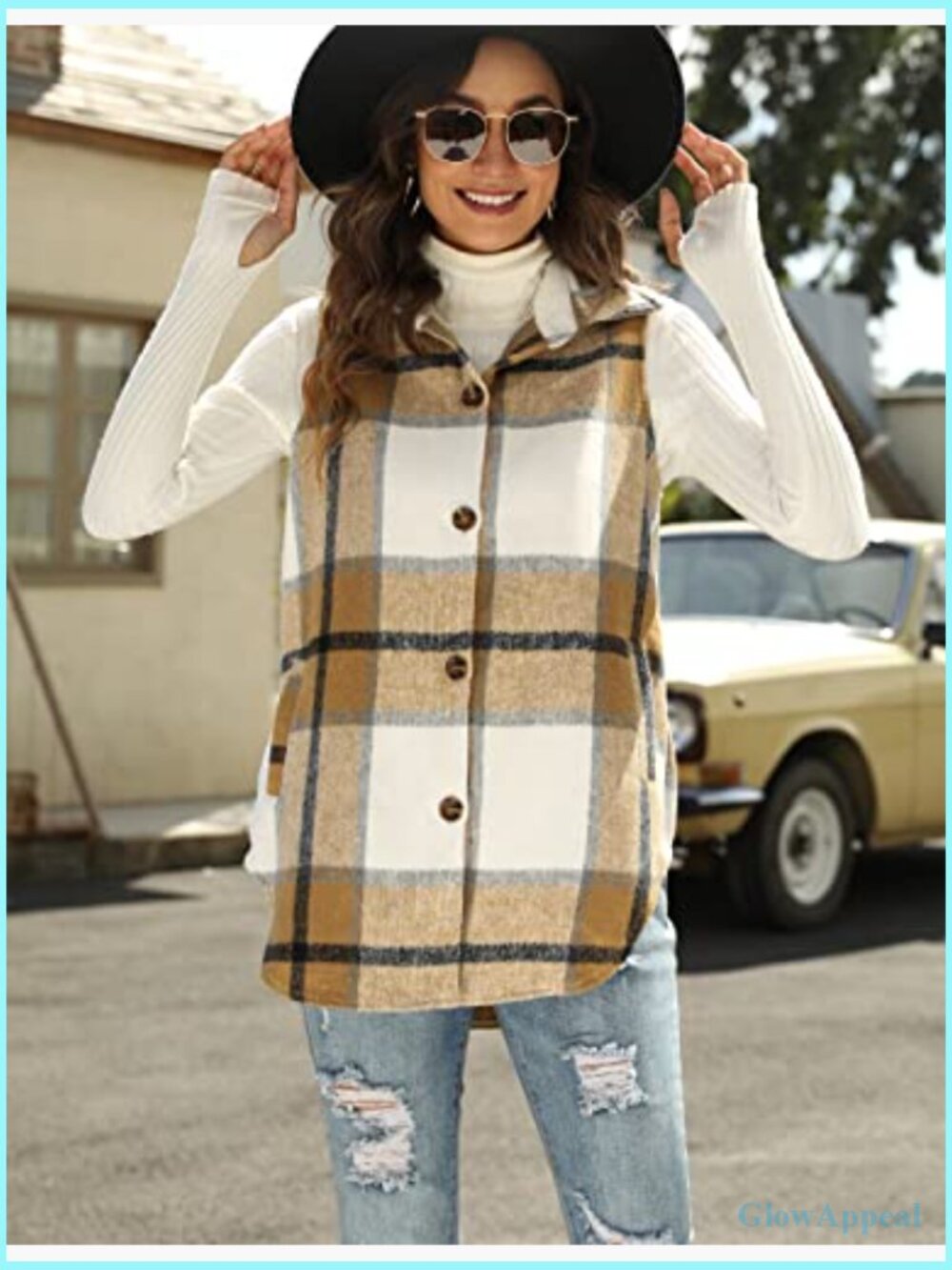 Women's Plaid Vest Brushed Flannel Sleeveless Shacket with Pockets - Picture 5 of 7
